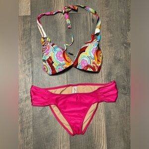 LULI FAMA Pink Multi Color MOLDED PUSH UP BANDEAU HALTER BIKINI Size Small‎